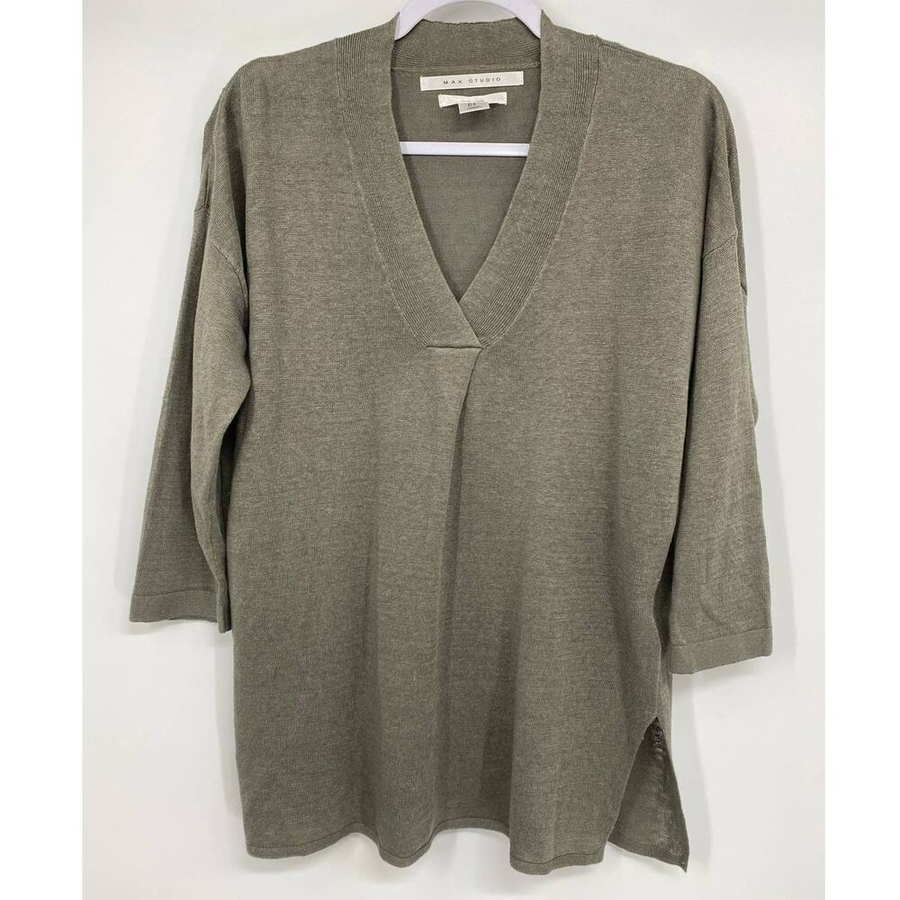 Max Studio Womens Green Linen V-neck Shirt Top Blouse NEW Medium
